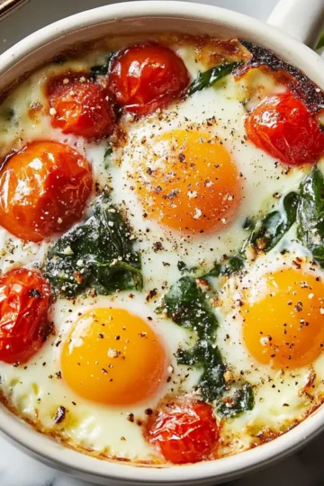 Baked Feta Eggs with Spinach and Tomatoes