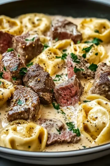 Creamy Garlic Steak Tortellini Skillet Dinner